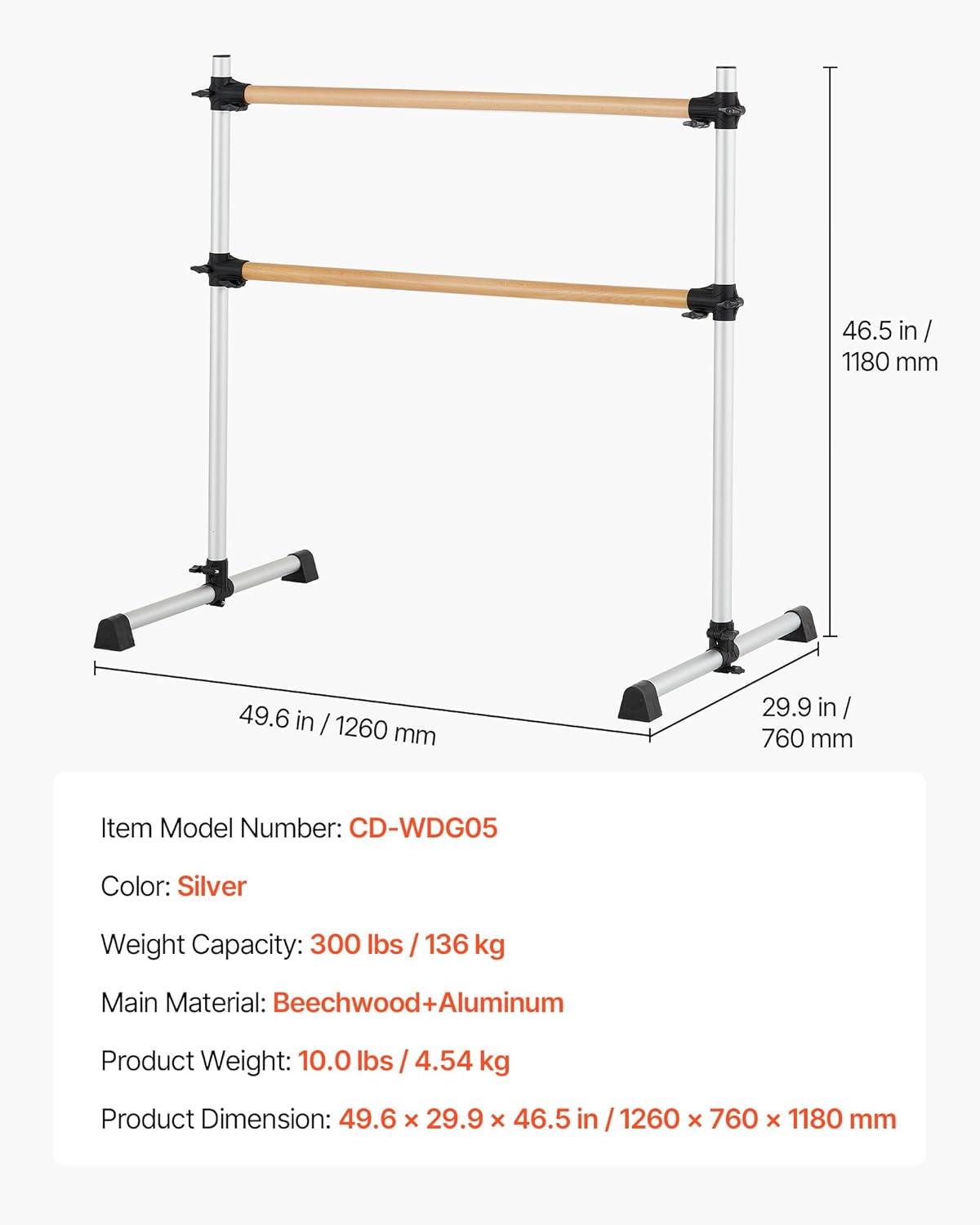 VEVOR Ballet Barre, Barre Bar for Home, Freestanding Portable Ballet Stretching Dance Bars, Height Adjustable Anti-Wobble Fitness Gym Studio Equipment