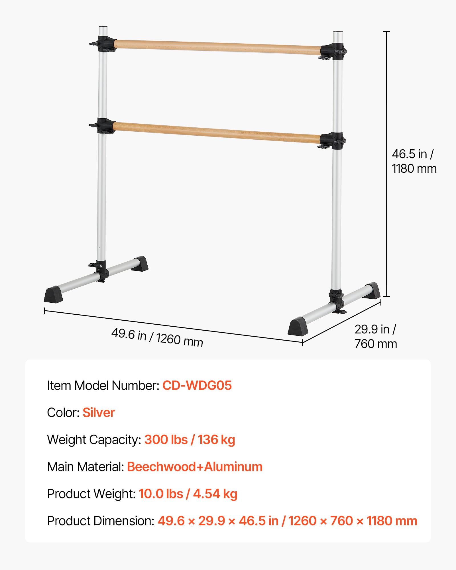 VEVOR Barra de Ballet Independiente Doble, Madera, Entrenamiento de Equilibrio, 1260x760x1180 mm, Carga 136 kg