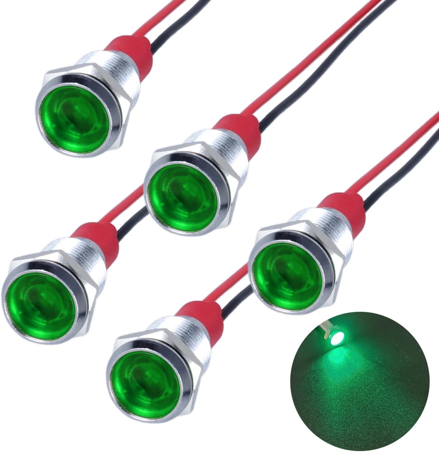 5Pcs 12V-24V Energy Saving LED Indicator Light Mounting Hole 10mm (0.4") 20mA Waterproof Wide Flat Head Signal Lamp Pilot Dash Directional with Wire (Green LED)
