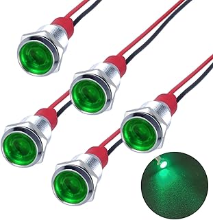 5Pcs 12V-24V Energy Saving LED Indicator Light Mounting Hole 10mm (0.4") 20mA Waterproof Wide Flat Head Signal Lamp Pilot Dash Directional with Wire (Green LED)