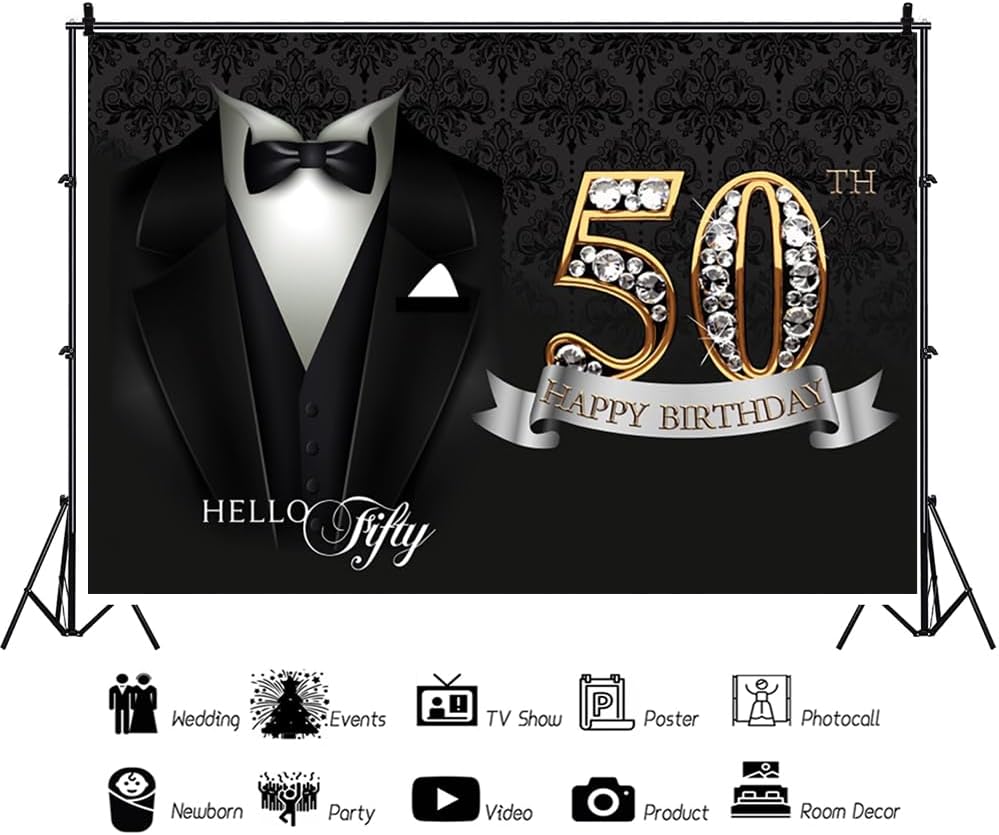 10x8ft Happy 50th Birthday Photography Backdrop for Man 50th Birthday Decorations Necktie Suit Tuxedo Backdrop Background Man Gentleman Father Party Supplies Decor Photo Portrait Studio Props