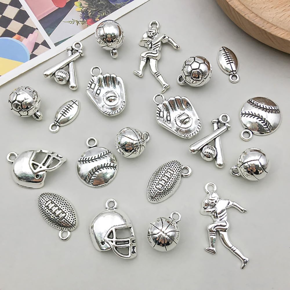 100pcs Bulk Lots Sport Charms for Jewelry Making,Antique Tibetan Silver Mixed Alloy Bracelet Bangle Charms for Necklace Bracelet Earring Keychain Jewelry Making (SN244-5set) - Image 2