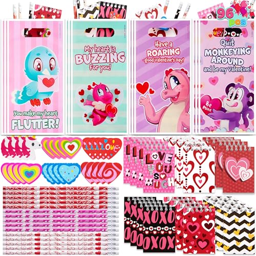 JOYIN 24packs Valentines Day Stationery Gifts, 96pcs Party Favor with Pencil, Erasers, Notebook & Bags for Kids School Classroom Exchange Supplies