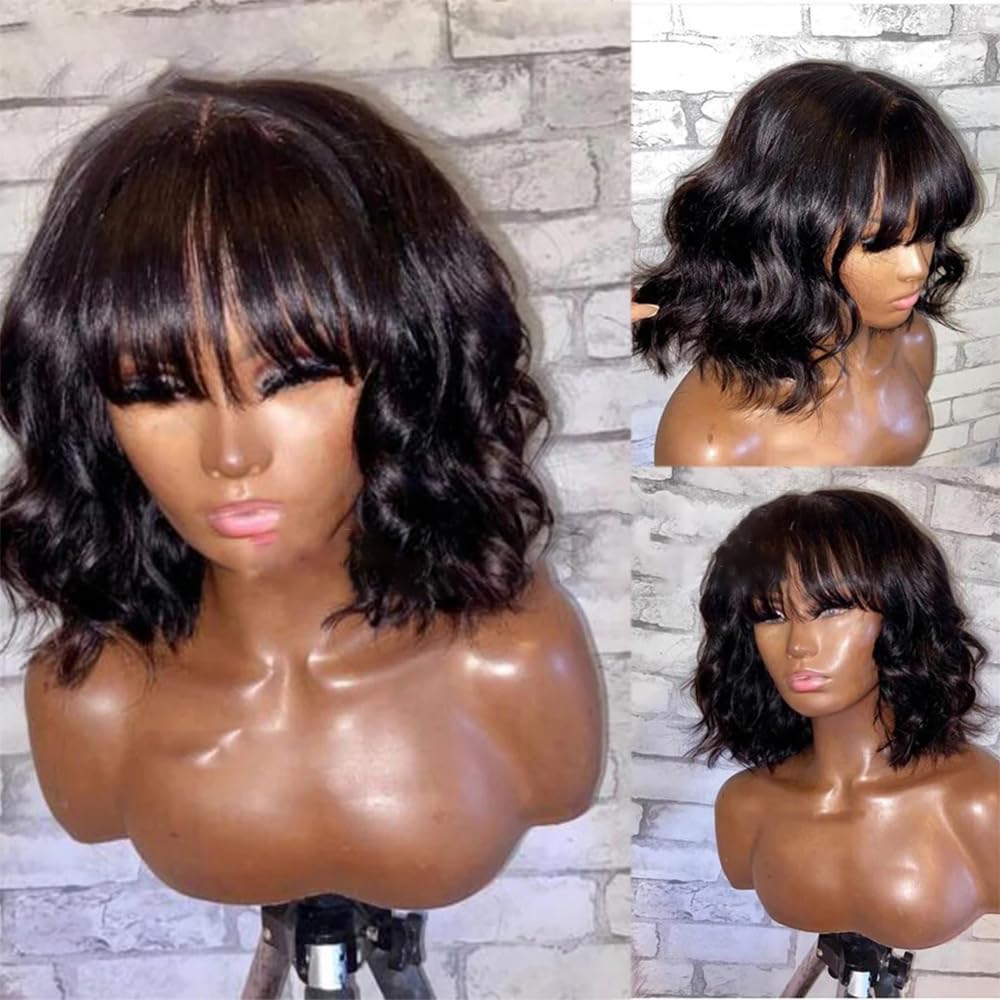 Body Wave Short Bob Human Hair Wigs With Bangs Pre Plucked HD Transparent 13x6 Lace Front Wig For Women 150% Density Brazilian Remy Human Hair Pre Cut Natural Color Bleached Knots 10 Inch