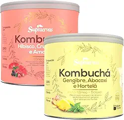 Kombucha Sabor Gengibre Abacaxi e Hortela + Hibisco Cramberry e Amora 200gr 1 Lata de Cada