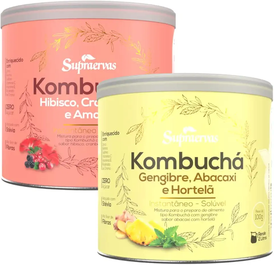 Kombucha Sabor Gengibre Abacaxi e Hortela + Hibisco Cramberry e Amora 200gr 1 Lata de Cada