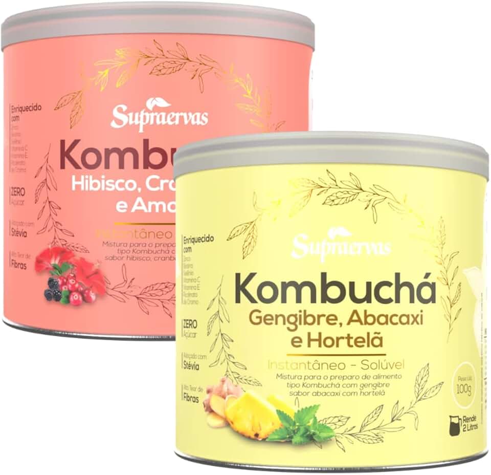 Kombucha Sabor Gengibre Abacaxi e Hortela + Hibisco Cramberry e Amora 200gr 1 Lata de Cada