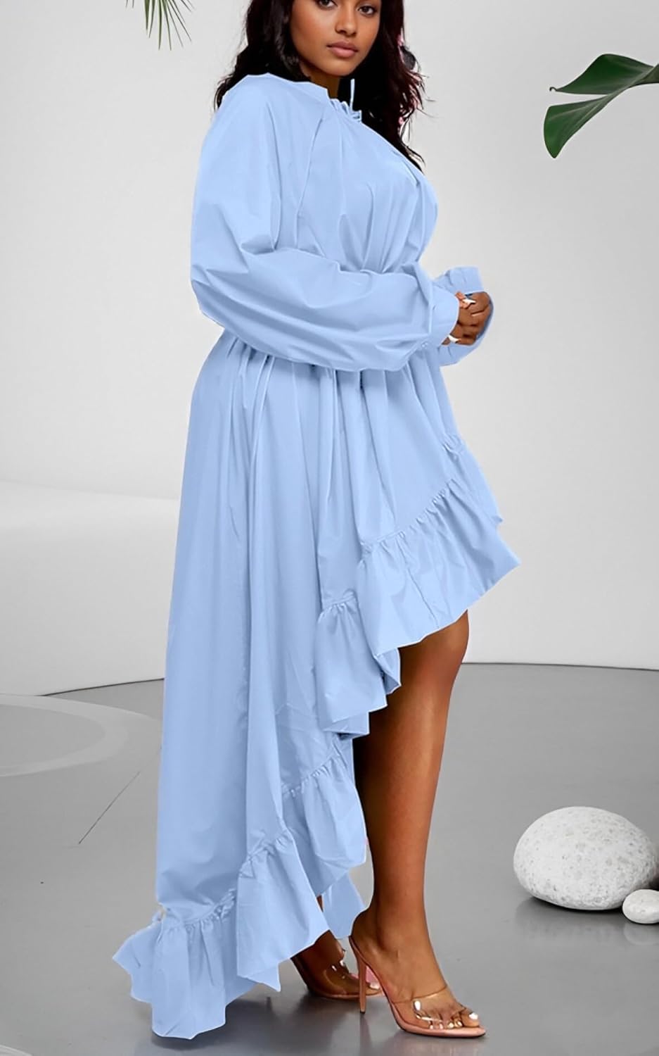 kaimimei Long Dresses for Women Fall Casual V Neck Long Sleeve Asymmetrical High Low Flowy Maxi Dress X-Large Light Blue - Image 3