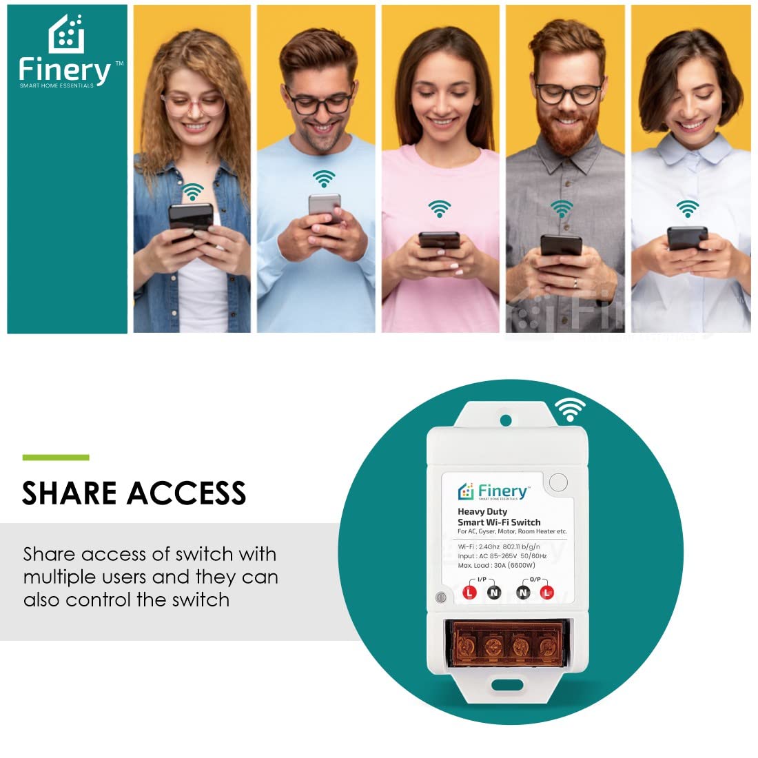 Finery 30A(6600W) BLE + WiFi Smart Switch for AC, Geyser, Water Pump, Room Heater Heavy Duty Compatible with Alexa & Google Home iOS and Android Smart Life app 4