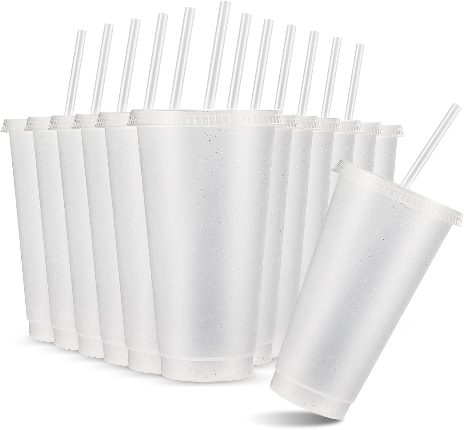 Amyhill 12 Pcs Reusable Glitter Cups with Lids and Straws 24 oz Plastic Tumbler Iced Coffee Cup Travel Mug for Smoothie Juice Birthday Sleepover Party Supplies for Valentine Girl(Clear)
