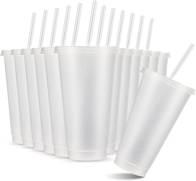 Amyhill 12 Pcs Plastic Cups with Lids Straws 24 Oz,Clear | Reusable Glitter Tumblers, Iced Coffee Smoothie Juice Party Supplies, Wedding Homecoming Sleepover Travel Mug Girls