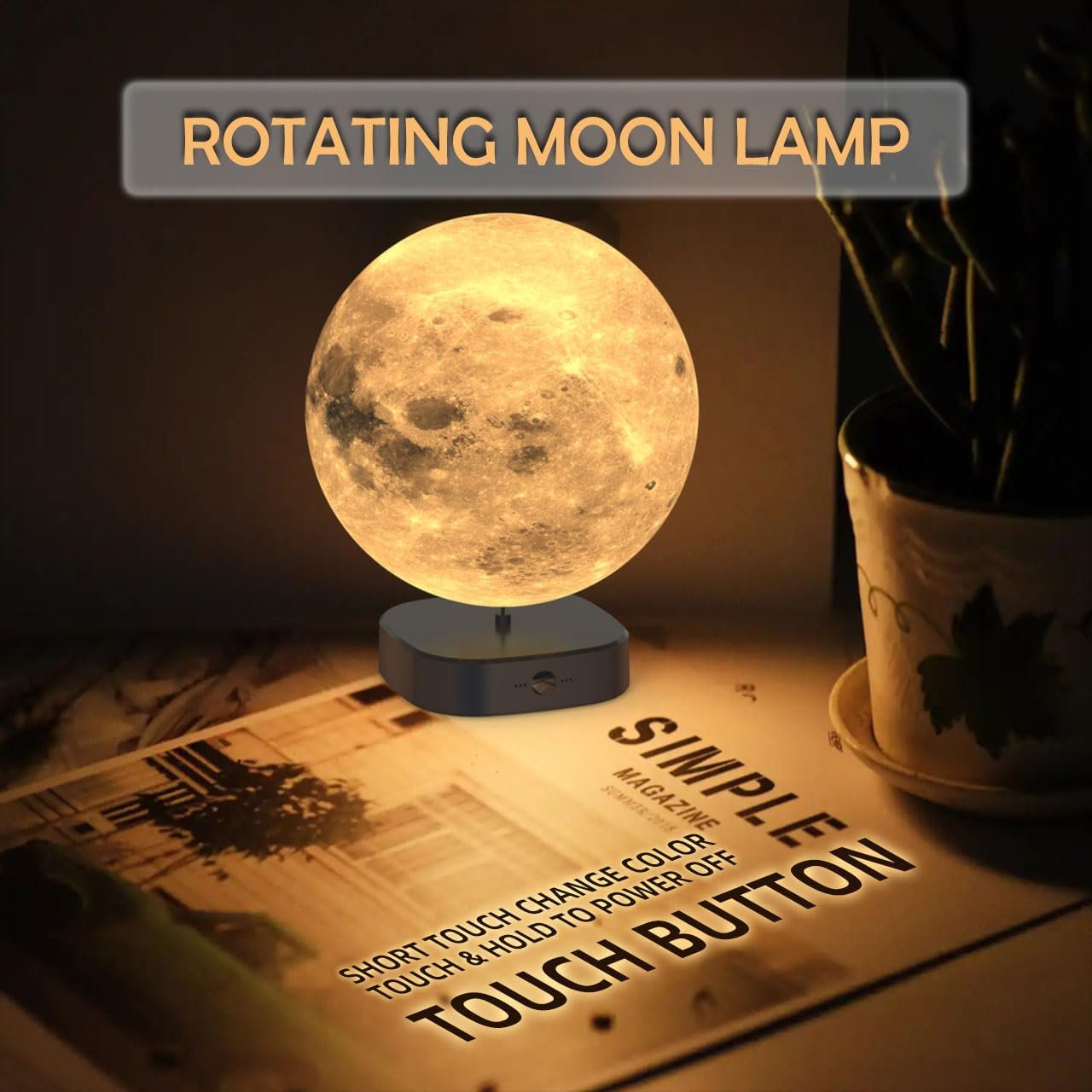 Moon Lamp, 6 inch 3D Printed Floating Moon lamp, auto Light up with self Rotating, Moon Light lamp for Kids (Black Base)