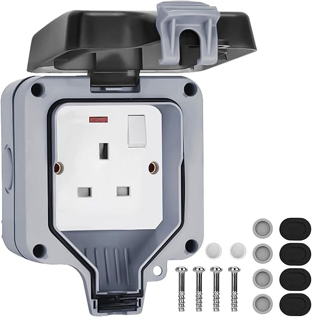 Weatherproof Outdoor Sockets, Double Waterproof Switched Power Socket IP66, Wall Electrical Outlets with Cover, 13A 2 Gang Plug Sockets, for Garden & External Electrical Outlet, Grey (Single-UK)