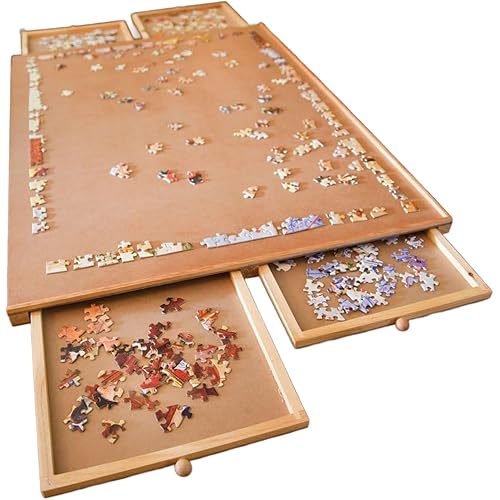 Bits and Pieces Jigsaw Puzzle Board with Drawers, Puzzle Board 1000 Pieces, 22 Inch x 30 Inch Wooden Tray Table with 4 Organizing Piece Sorting Trays, Portable, Easy Storage for Puzzles