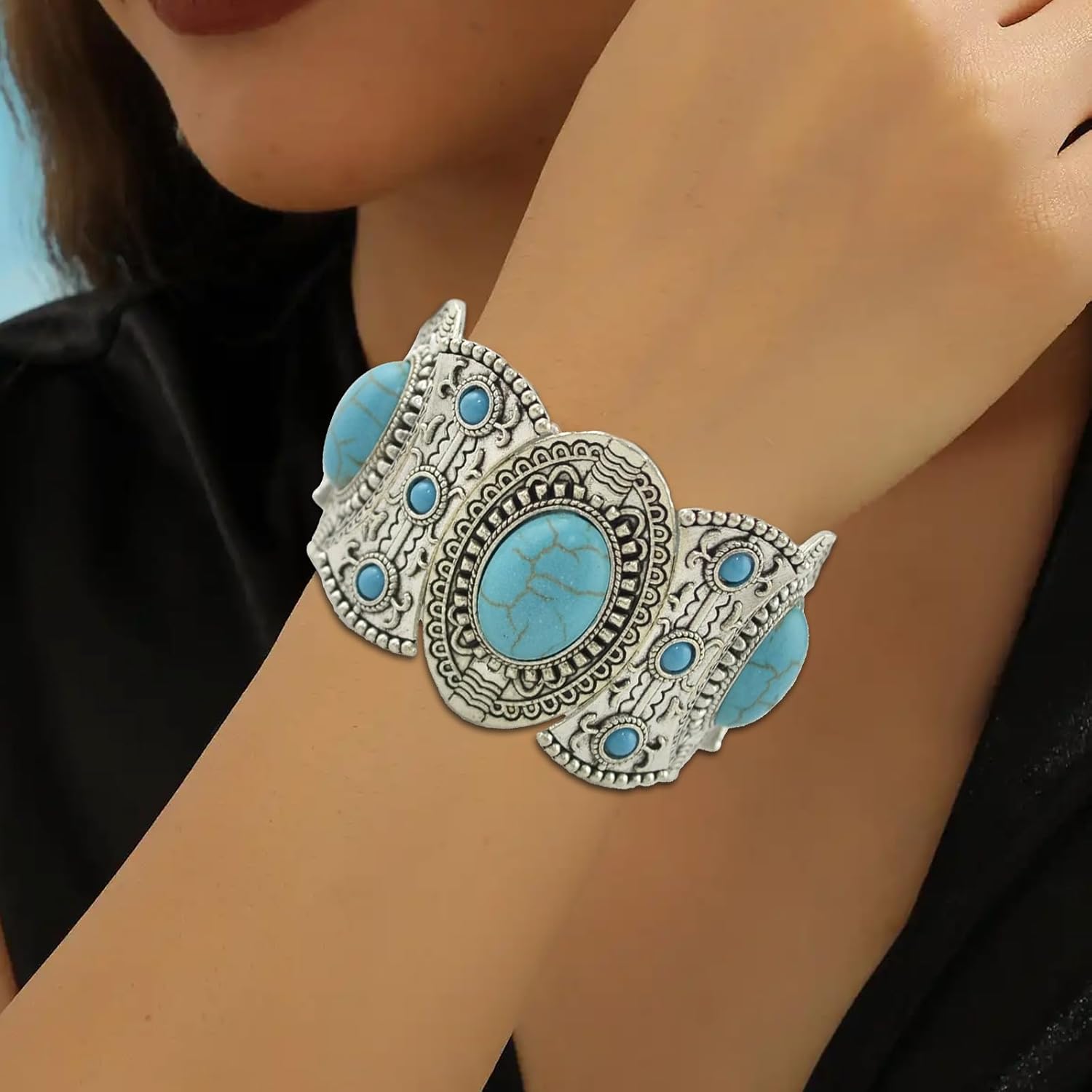 Turquoise Bracelet for Women,Boho Bracelets Vintage Western Cowgirl Bangle Bracelet,Western Jewelry for Women,Stretch Turquoise Jewelry - Image 5