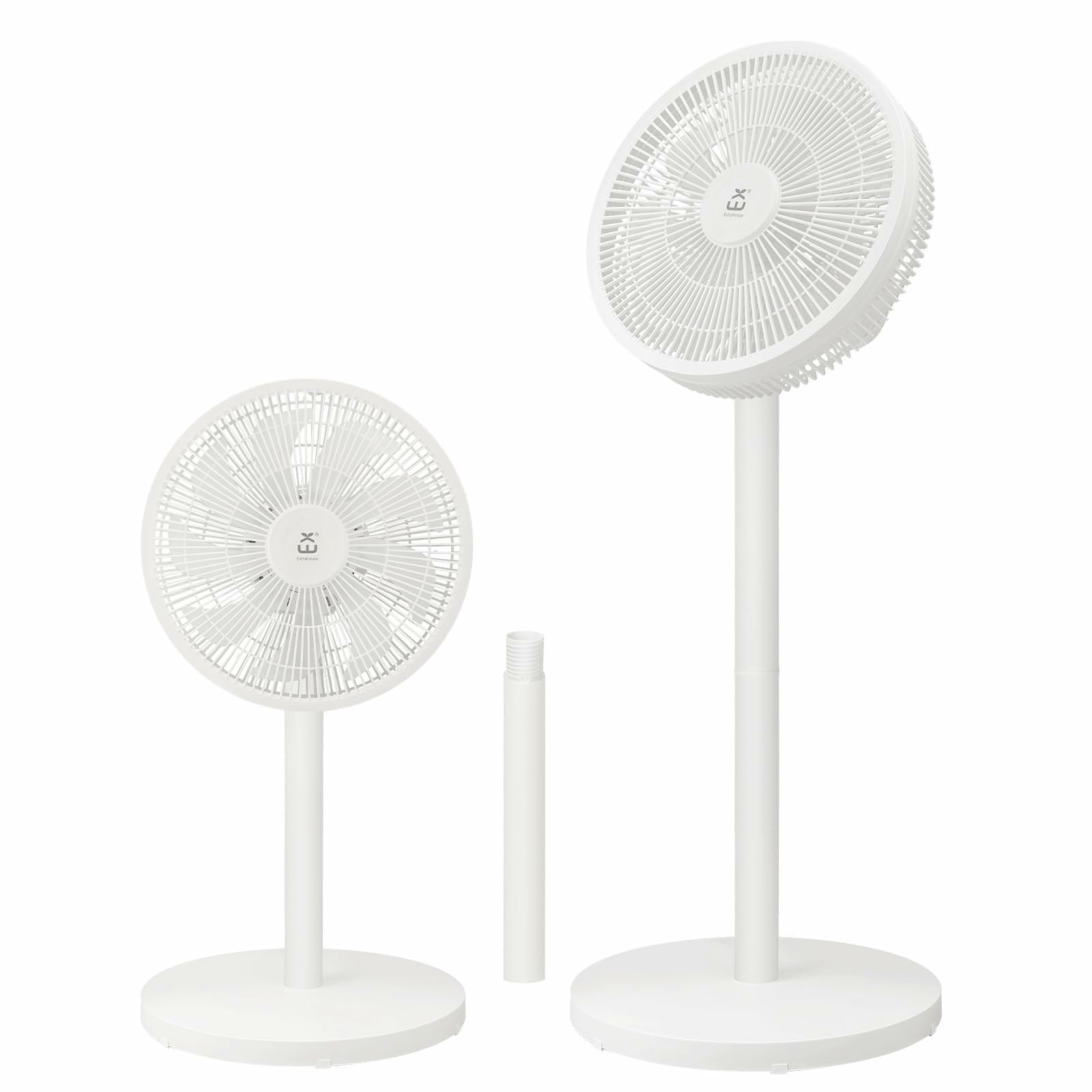 EXTRASTAR Standventilator mit abnehmbarer Stange (91cm/63.5cm), 3 Geschwindigkeitsstufen, 90° Oszillation + 35° Neigung, 50W Energiesparmodus für Schlafzimmer, Büro, Wohnzimmer (Weiß)
