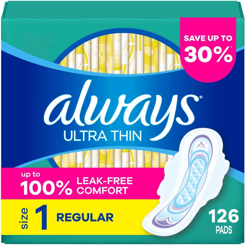 Always Ultra Thin Daytime Pads with Wings, Size 1, Regular, Unscented, 42 Counts x 3 Packs (126 Count Total)