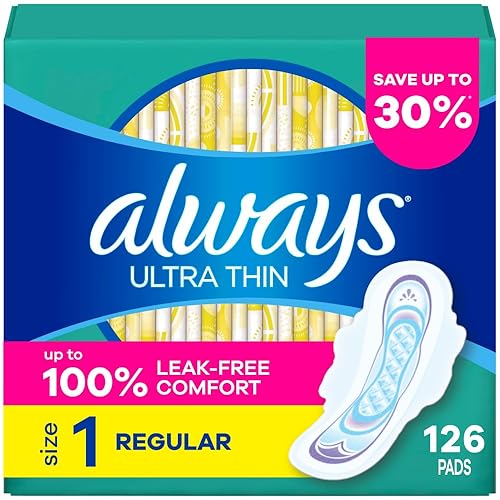 Always Ultra Thin Pads with Wings, Size 1, Regular, 126 Count (3 Packs of 42)