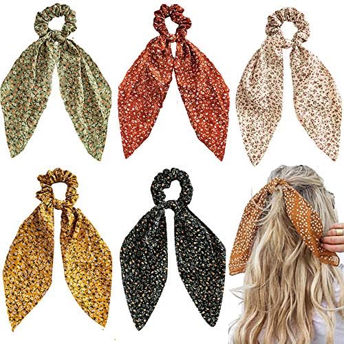 5 Pcs Floral Hair Scarf with Ribbon Bow for Woman Girls, Bow Scrunchies for Hair, Hair Scrunchies with Bow, Chiffon Floral Scrunchie Long Hair Bands Ties Ponytail Holder