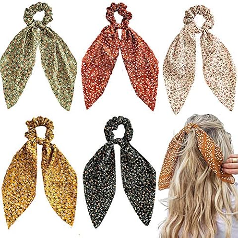5 Pcs Floral Hair Scarf with Ribbon Bow for Woman Girls, Bow Scrunchies for Hair, Hair Scrunchies with Bow, Chiffon Floral Scrunchie Long Hair Bands Ties Ponytail Holder Cover