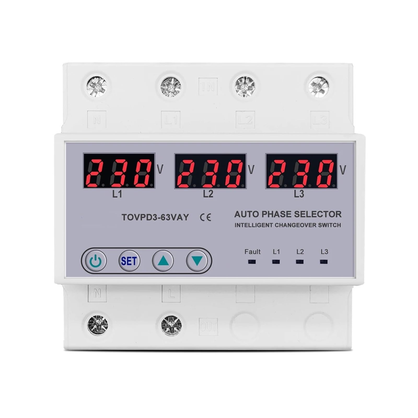 Voltmetro selettore di fase trifase 3P+N su guida DIN con relè protettore di monitoraggio protezione sovratensione e sottotensione regolabile(63A phase selector)