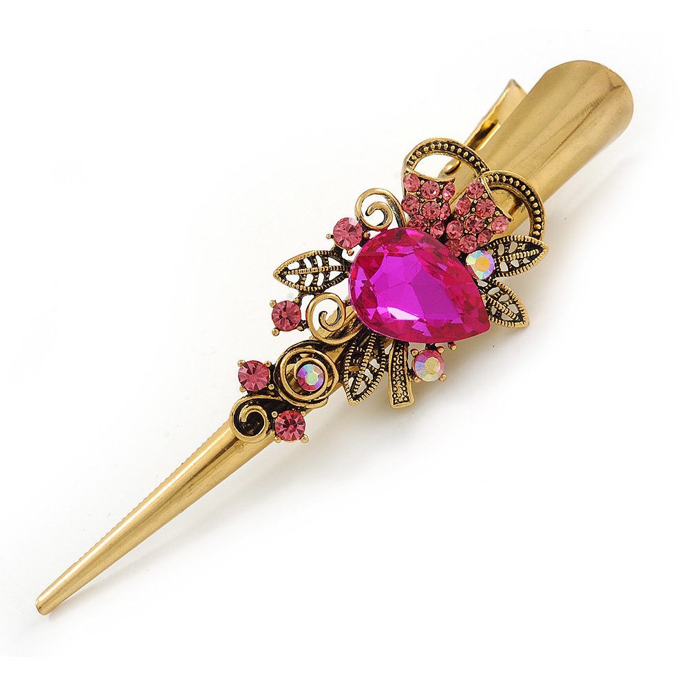Long Vintage Inspired Gold Tone Fuchsia/Pink Crystal Floral Hair Beak Clip/Concord/Crocodile Clip - 13.5cm L