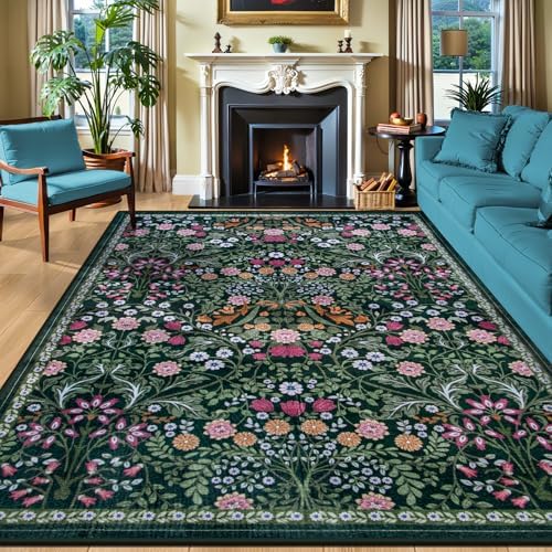 PLHXFR 8x10 Area Rug Living Room: Floral Washable Boho Carpet Dark Green