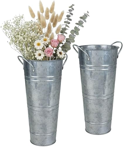 9 Inch Galvanized Flower Bucket, 2 Pack Tabletop Vases for Dried Flowers | Tabletop galvanized flower buckets with handles, perfect for dried flowers, weddings, centerpieces and farmhouse decor.