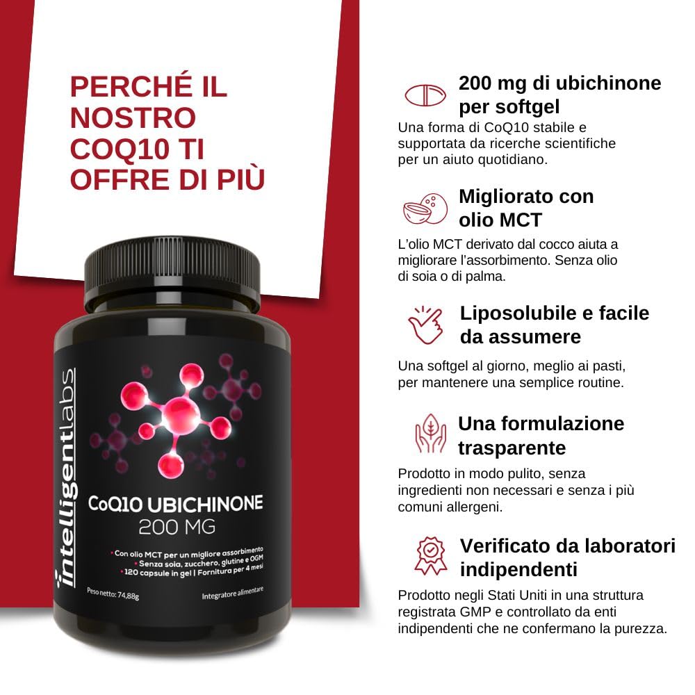 Coq10 Ubichinone in Softgel Da 200 Mg Di Intelligent Labs | 120 Porzioni | Softgel Facili Da Ingerire E Ad Elevata Potenza