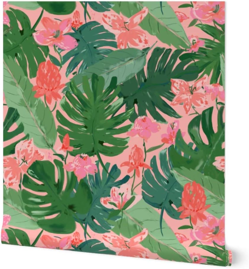 Peel & Stick Wallpaper 9ft x 2ft - Tropical Floral Coral Pink Palm Tree Flowers Flower Summer Custom Removable Wallpaper by Spoonflower