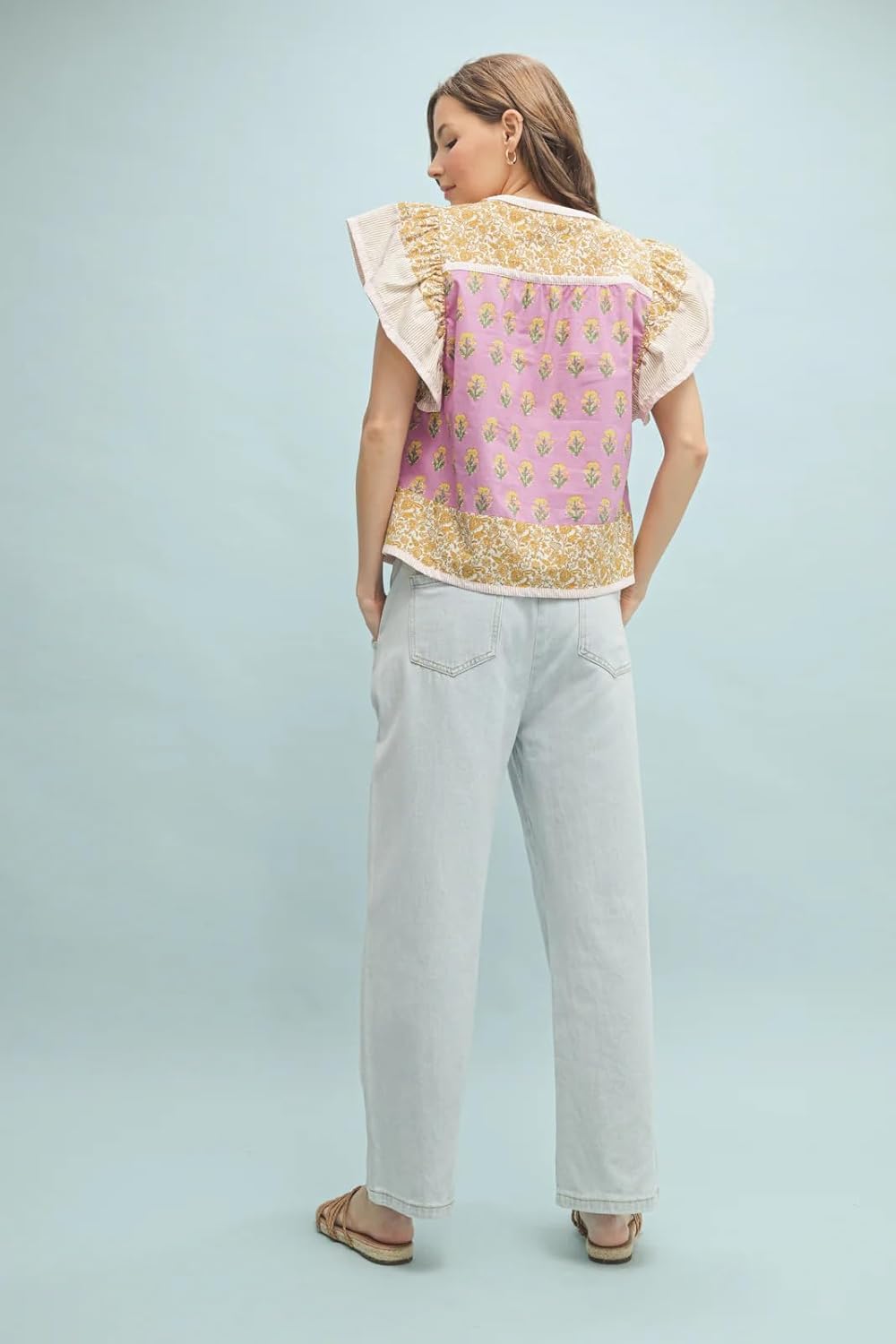 Womens Summer Floral Boho Tops Flutter Cap Short Sleeve V Neck Patchwork Y2K Peplum Babydoll Blouse Shirts - Image 4