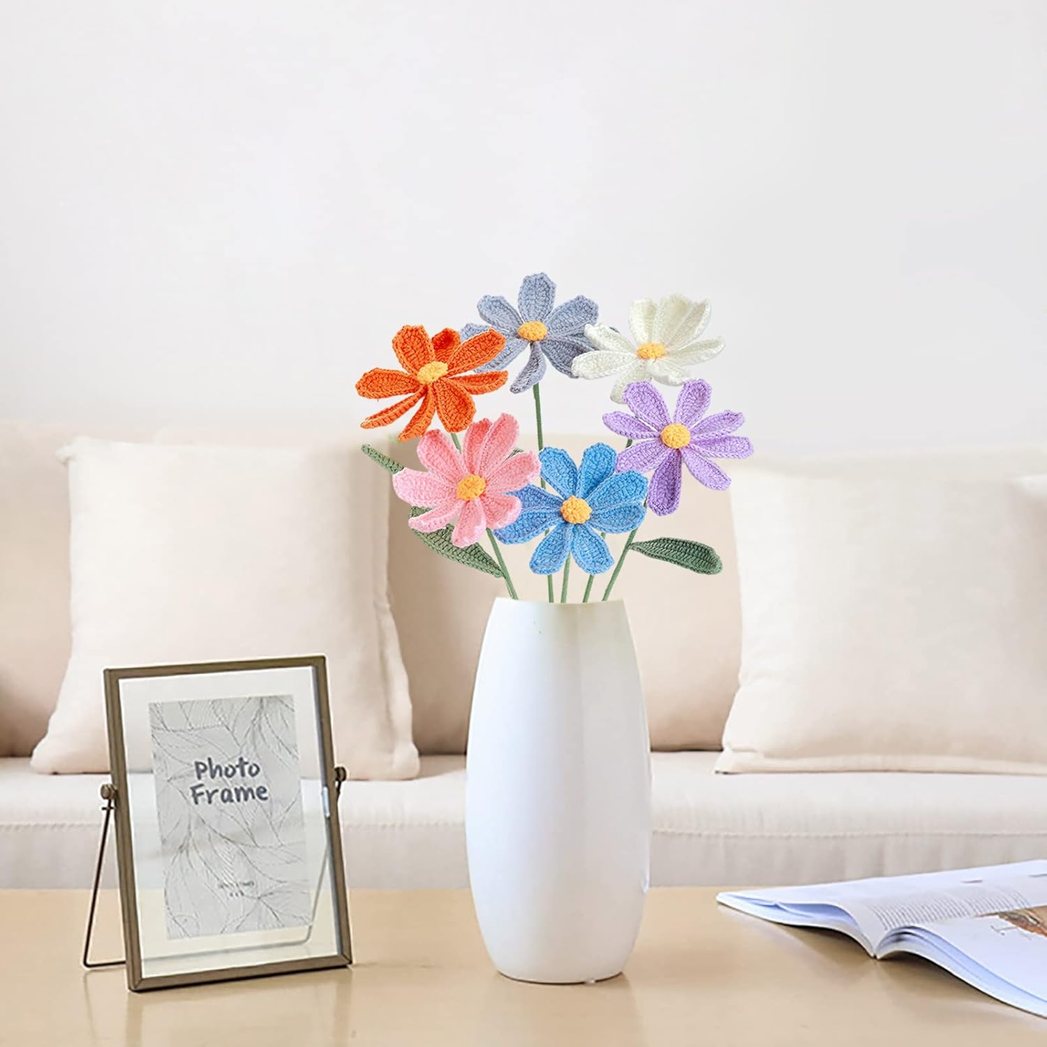 Emivery Crochet Flowers, 6Pcs Knitted Daisy Artificial Flowers Handmade Crochet Flower Bouquet Fake Daisies Centerpieces for Home Room Office Table Decor