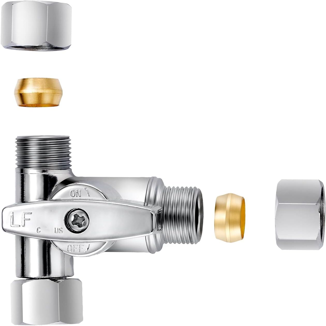 Brass 2Pcs Chrome-Plated Add-A-Tee 3-Way, 3/8 Inch Angle Stop Valve for Reverse Osmosis Water Filters, Ice Maker, Refrigerator