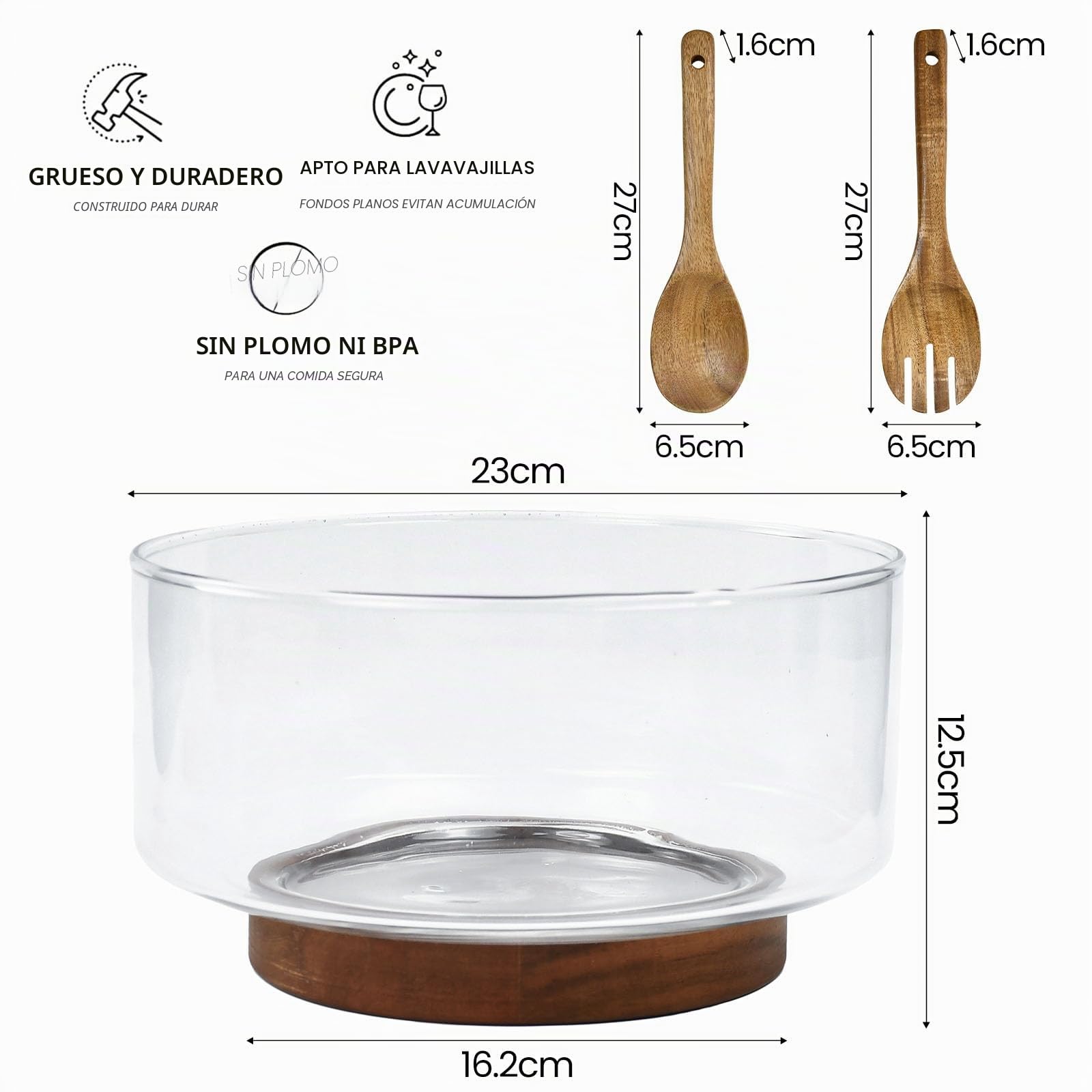 Bol Cocina Cristal 23cm 3700ml Bol Ensalada Grande Bol de Mezcla Ensaladera Cristal con base de Madera Apto para Lavavajillas Microondas para Preparar, Servir y Mezclar + 1x Cuchala 1x Tenedor | Cuenco grande de cristal, ensaladera de cristal extragrande