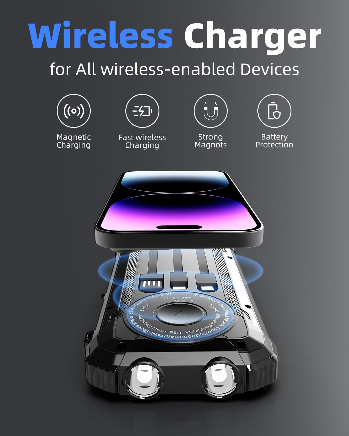 Nuynix Solar Power Bank 20000mAh, Wireless Fast Charger with 3 Built-in Cables, USB-C Output Portable Battery Pack, Dual Flashlights Power Bank for iPhone 17 16 15 14, Samsung Galaxy, Camping
