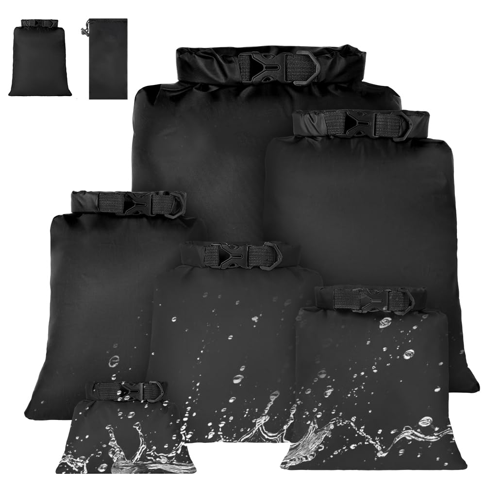 vsshe wasserdichte Tasche, 6 Stück wasserdichte Aufbewahrungsbeutel, 1,5/2,5/3/3,5/5/8L Packsack Wasserdicht Ultraleicht Dry Bag Trockentasche für Driften Schwimmen Schnorcheln Camping Kajak, Schwarz