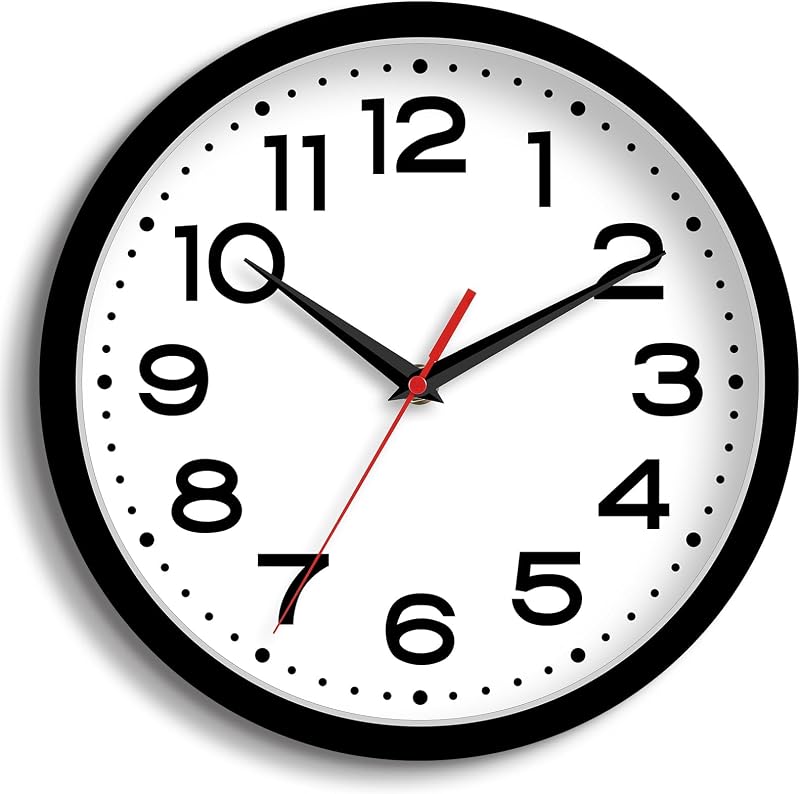 Roymnie 8 Inch Small Wall Clock, Battery Operated Silent Non Ticking Black | analog wall clock; bold numerals for easy reading; silent non-ticking; 1 AA battery (not included); for classroom