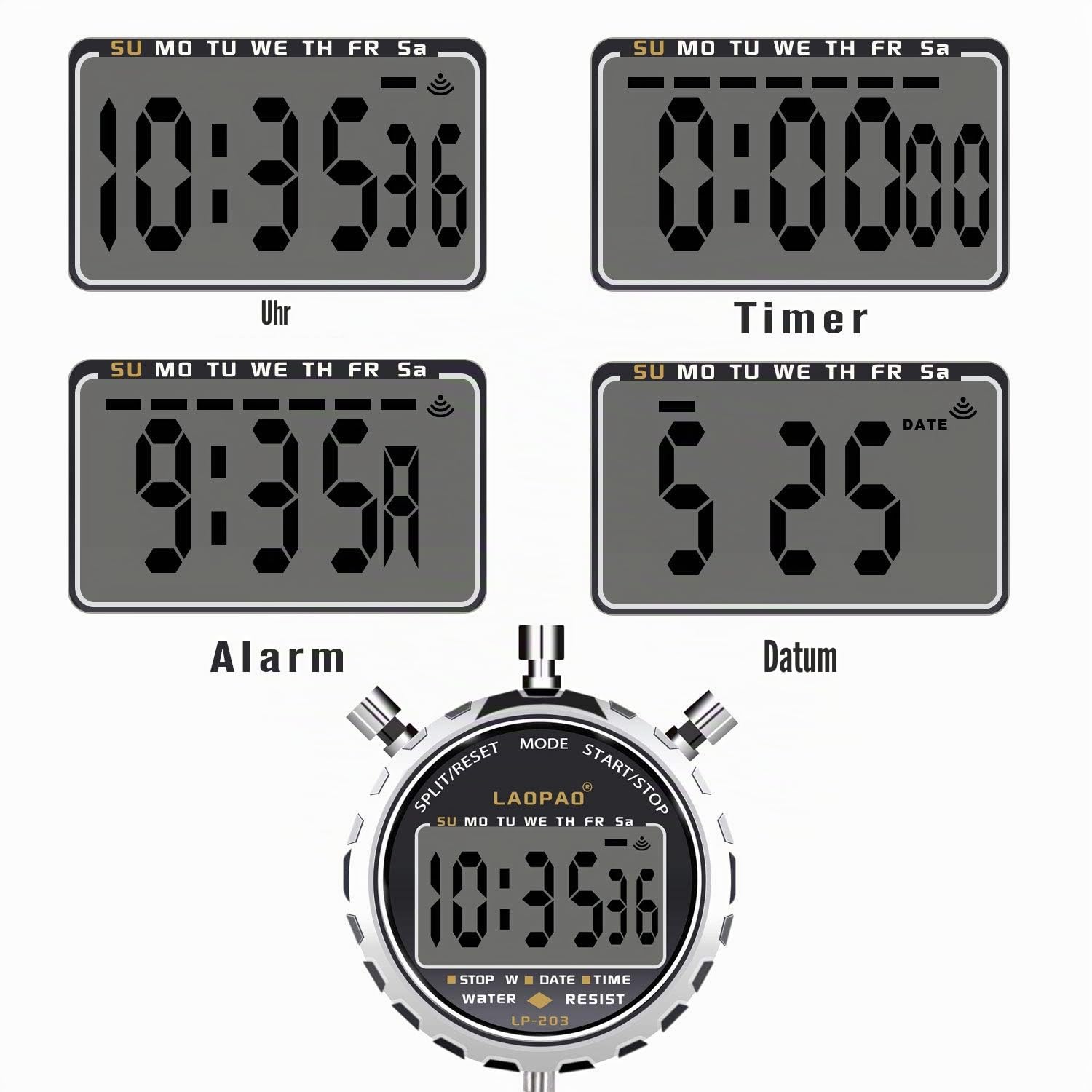 Digitale Stoppuhr,Laopao Handheld Großes LCD-Display Wasserdicht täglich Alarm 1/100 Sekunden Precision Timer Für Fussball Sports Training
