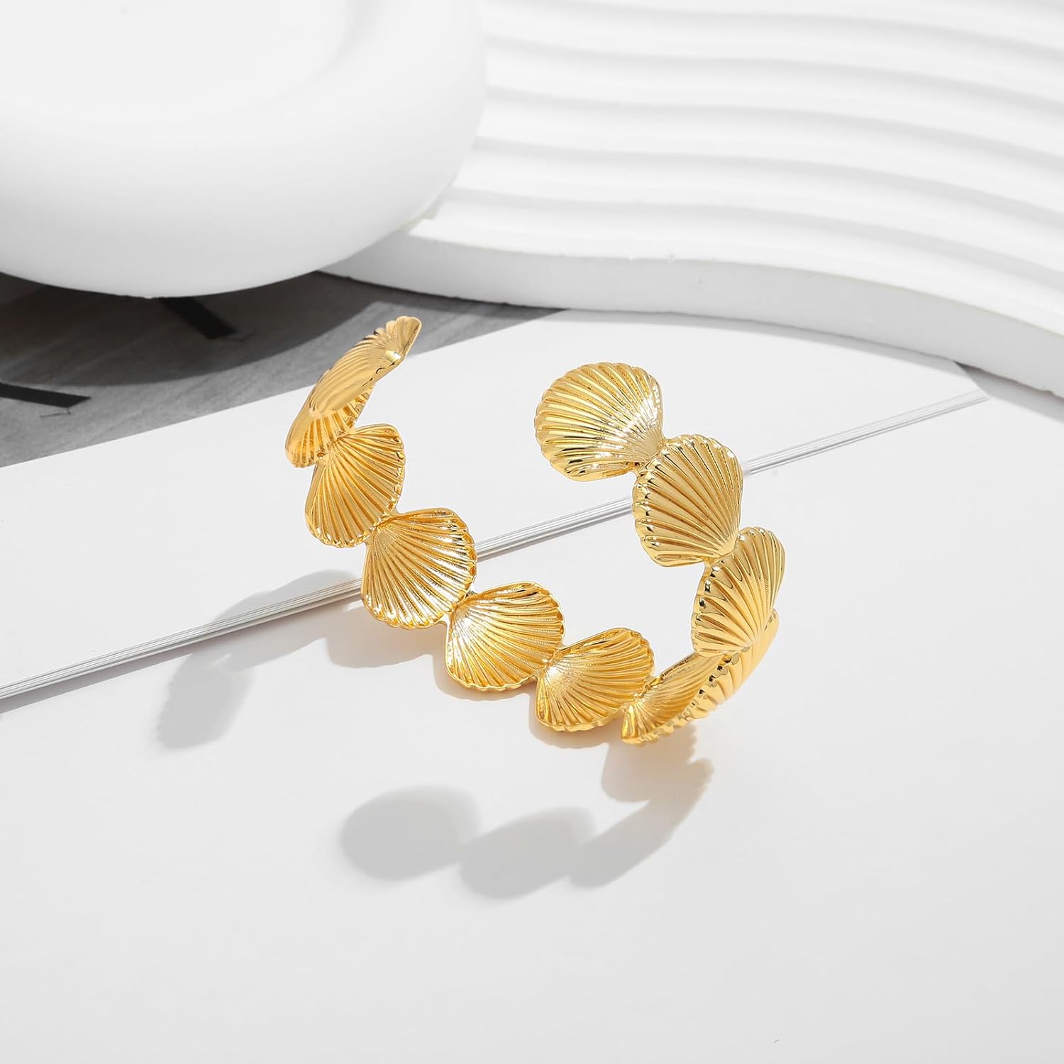 WOWORAMA Gold Shell Cuff Bracelets for Women - Trendy Boho Open Cuff Bangles Vintage Statement Bangle Bracelet Irregular Gold Arm Cuffs - Image 5