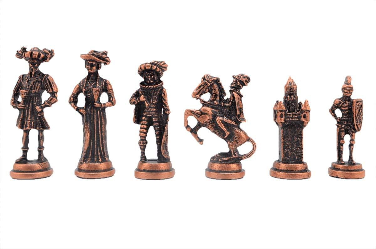 Antique Copper Spanish Guards Figures Metal Chess Set for Adult,Handmade Decorative Pieces and Marble and Mosaic Design Wooden Chessboard (Marble Design)