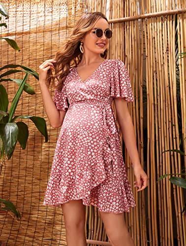 Oyoangle Women's Maternity Summer Casual Bohemian Floral Print Ruffle Short Sleeve Belted Wrap Dress Pink S #TOP3