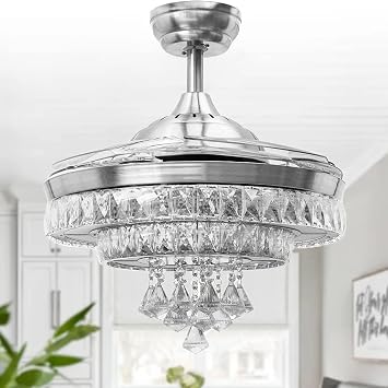 42 Crystal Ceiling Fan with Light and Remote Modern Silver Retractable Ceiling Fan Chandelier 3 Colors Change 3 Speeds Fandelier with Silent Motor LED Light Kit