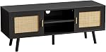 Rattan TV Stand for TVs up to 55'', Modern Entertainment Center with 2 Doors and 2 Open Shelves, Boho Media TV Console for Living Room, Farmhouse Console Table, Black