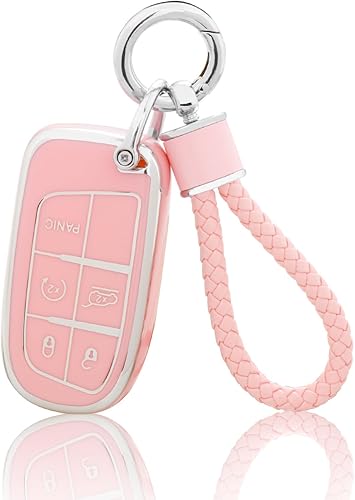 YO&YOYE Funda para llavero Jeep con llavero, funda de TPU suave color rosa para Jeep Grand Cherokee Renegade Wrangler Patriot Grand Commander