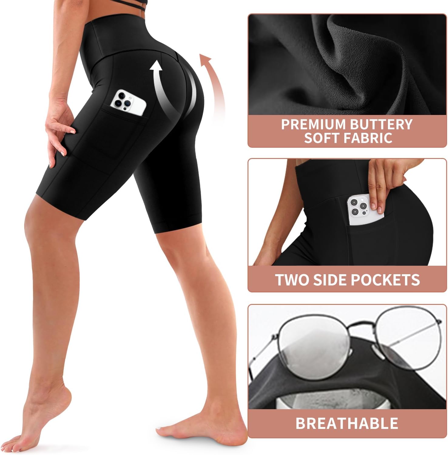 Bluemaple 3 Pack Biker Shorts Women High Waisted- 8" Tummy Control,Ultra-Comfort for Workouts,Yoga & Daily Wear with Pockets - Image 5