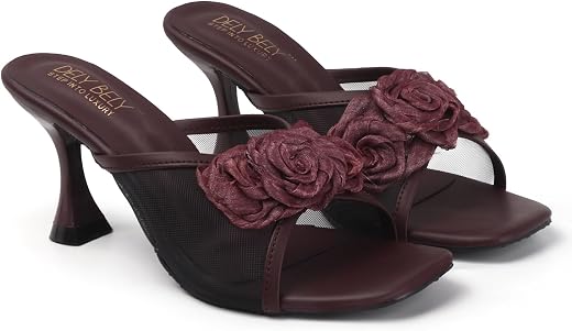 Dely Bely Women’s Black Floral Embellished Heels | Stylish Slip-On Party Sandals with Comfortable Heel for Wedding, Festiv...