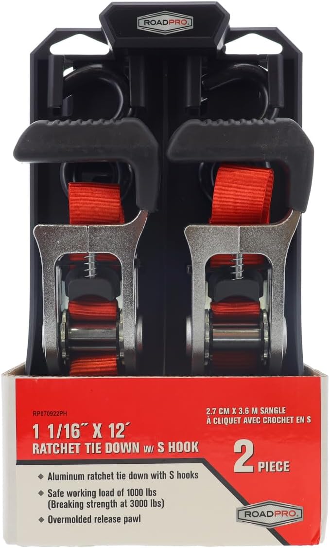 RoadPro Ratchet Tie Down Straps with S Hooks, 1 1/16 x 12 Feet, Aluminum, 1000 lbs Working Load, 2 Pack