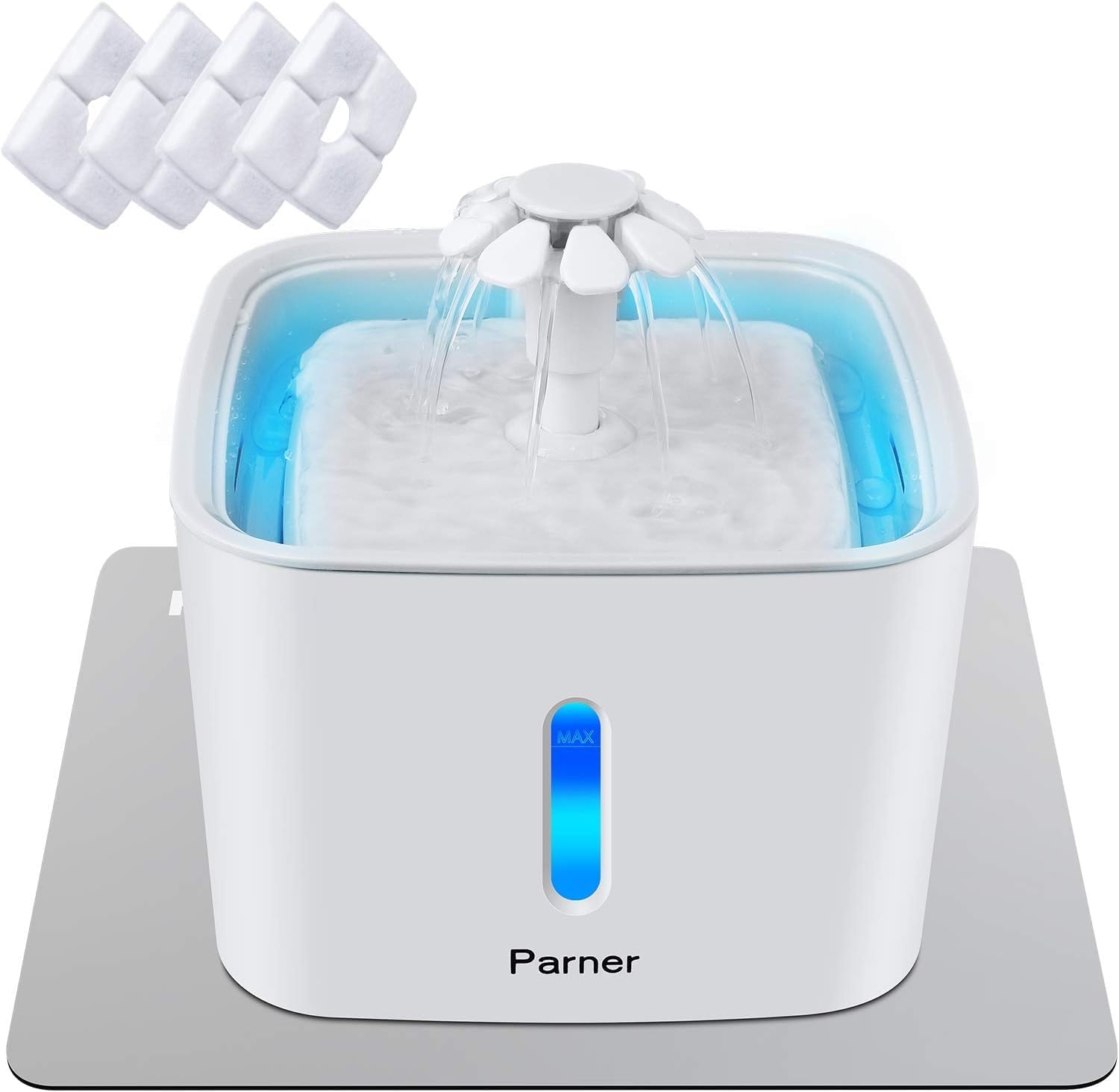 Parner Cat Water Fountain, Cat Fountain, Water Dispenser for Cat and Dog with Water Level Window, Cat Water Bowl with 4pcs Hygienic Filter & 1 Silicone Mat, Pet Fountain with LED Light, Night-vision.