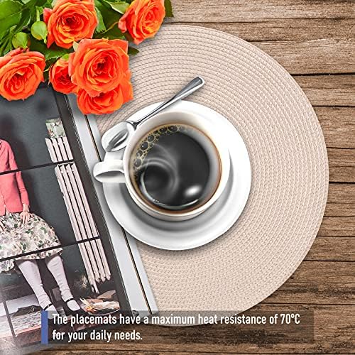 wiipara Round Woven Placemats Set of 6 Heat Resistant Round Braided Table Mats, 34 cm Washable Table Placemats and Coaster Sets for Dining/Kitchen Table, Party, Wedding (Beige)