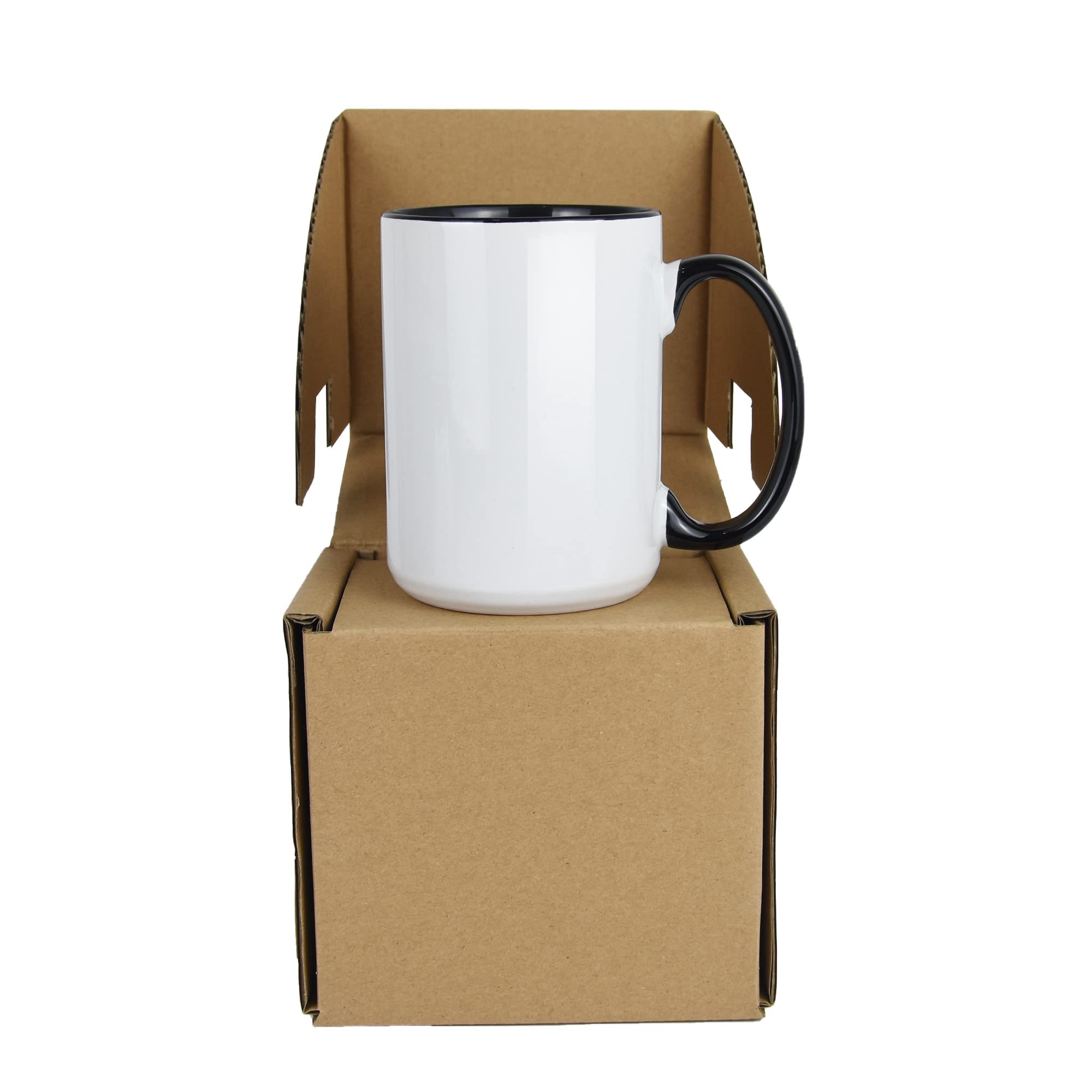 Tazas de sublimación de 15 onzas, dos tonos con interior negro y asa, tazas de café de sublimación con caja de pedido por correo marrón, caja de 18 piezas